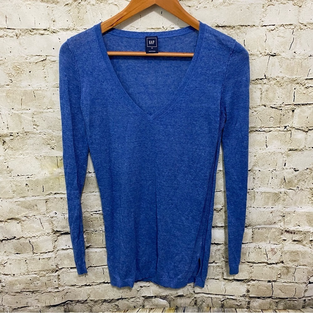 Gap Blue Linen Blend V Neck Long Sleeve Thin Knit Sweater